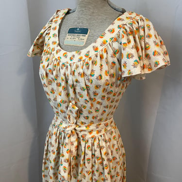 1970s Boho Maxi Dress Rainbow Feather Print Prairie Ruffle Euro Vintage 36 M 