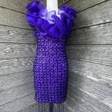 1980s purple ruffle dress lace sequin body con prom small 