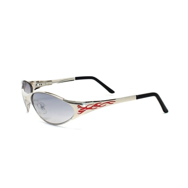 1990s Vintage Oval Shape Fiero Flame Print Wire Sunglasses 