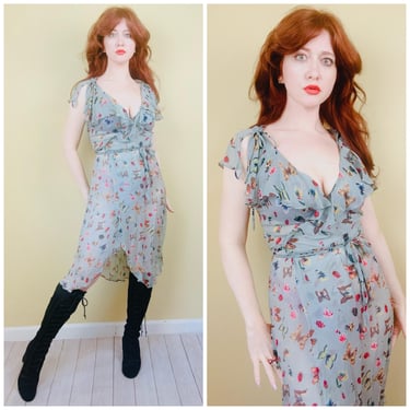Y2K Vintage Betsey Johnson Blue Butterfly Wrap Dress / 90s Black Label Sheer Dress / Size 5 / Small 