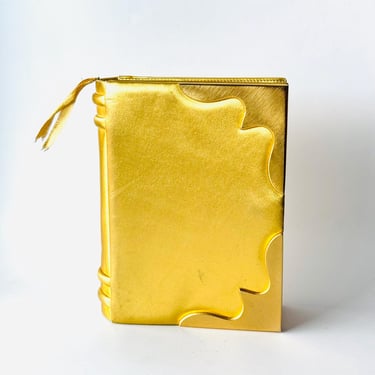 Rare vintage Paloma Picasso book bag clutch in gold leather w/ gold tone metal appliqué 