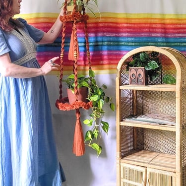 Two tier 5 ft XL macrame plant hanger in 70s color rust burnt orange, large statement piece double hanging planter 