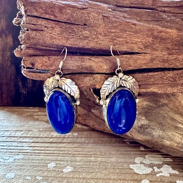 BETTA LEE Navajo Lapis Earrings | Sterling Silver Leaf Design | Native American, Southwestern Jewelry | Large Statement Dangle Earrings 