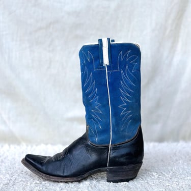 Vintage Tony Lama Black Label Cowboy Boots, Black Leather + Blue Suede Pointed Toe Western Boots, Womens 8 - 9, Mens 7 - 8 Narrow 