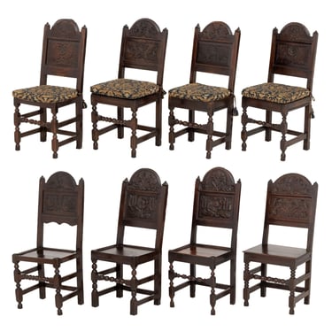 Set of Eight Jacobean Carved Oak Dining Chairs