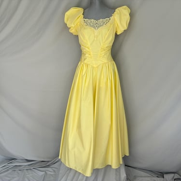 Yellow satin 1980s prom dress with big shoulders, floor length 80s bridesmaid dress, small yellow prom dress, size small, vintage 1980 