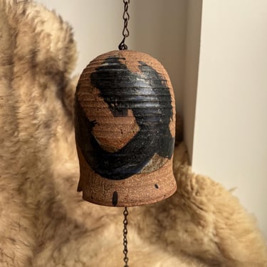 Handmade Stoneware Ceramic Bell | Black Glaze Stroke | Iron Chain Ceramic Clapper | Wabi Sabi Decor | Japandi Wall Hanging | Surreal Ceramic 