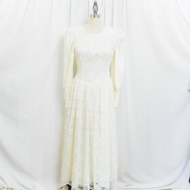 80s Beige Lace Wedding Puff Sleeve Dress Vintage 1980s Courthouse Bridal Shower Reception Bridal Maxi Dress 