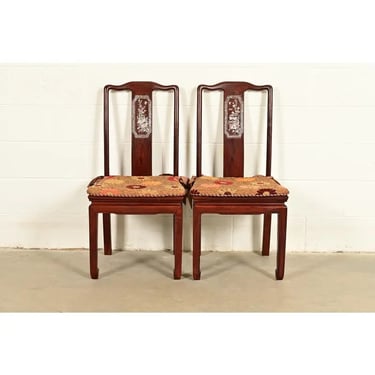 Antique Chinese Carved Rosewood Side Chairs or Dining Chairs With Mother of Pearl Inlay, Circa 1890s