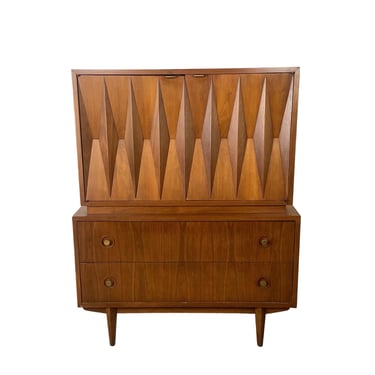 Mid Century Modern Highboy Dresser, Merton Gershun for American of Martinsville Harlequin Walnut 