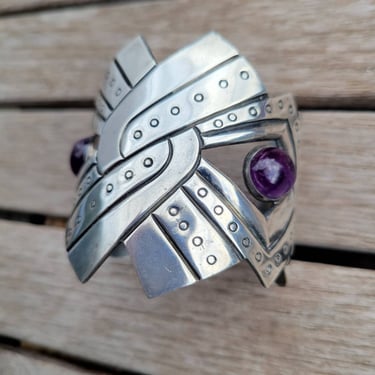 102128041 - Massive Modernist Amethyst  Sterling Cuff - TAXCO - Sharon Cuff