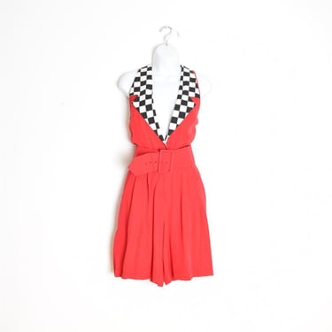 vintage 80s romper red checkerboard print deep V playsuit outfit shorts M 