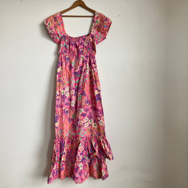 80s Cotton Floral & Squiggle Print Maxi Dress, Bubblegum Pink with Ruffles, Barbie Dress Barbie Outfit Off the Shoulder 1980s 
