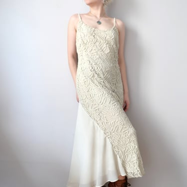 Vintage Lace Halter Dress: 1920s Style Pearl Embellished Boho Dress (Size S/M) 
