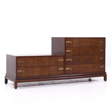 Johnson Furniture Mid Century Walnut and Brass Lowboy Dresser - mcm 