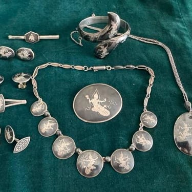 lovely Vintage Siam Niello Silver Rare 1940's 9 piece set 