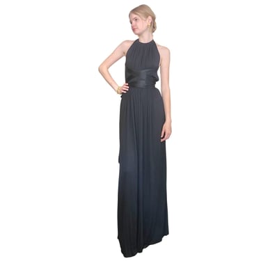 Vintage 1970s Donald Brooks Dress Black Silk Jersey Backless Halter Maxi Evening Gown XS Tall 