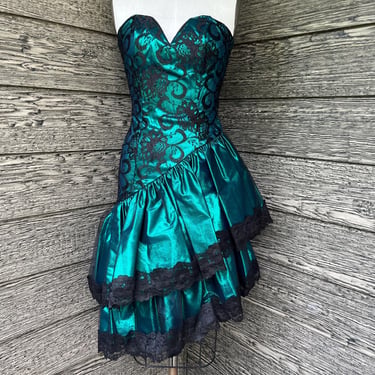 1980s emerald lame prom dress lace bustier bodice / short layered poof skirt XS 