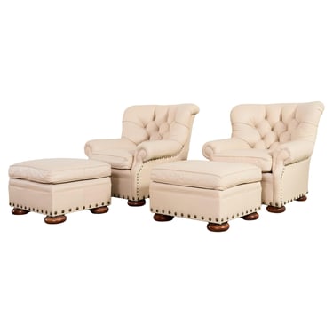 Pair of Ralph Lauren Style Leather Writer's Chairs + Ottomans