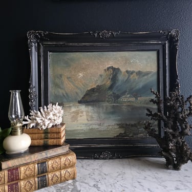 Vintage Moody Oil Painting on Board in Black Wood Frame - Moody Shoreline Landscape - Unsigned 