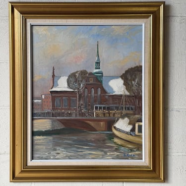 E. Kjer Winter Canal Landscape Painting Vintage Mid-Century Modern 1970s 