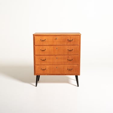 Vintage Scandinavian Teak Chest of Drawers, 4 Drawer Dresser, Mid Century Swedish Furniture, Brass Handles, Black Legs, 1950s 