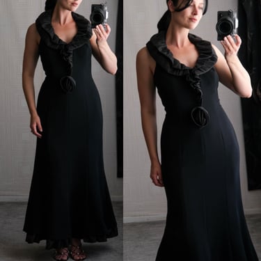 Vintage 80s Black Silk Halter Top Hourglass Gown w/ Mermaid Skirt & Ruffled Rose Lapel | Made in USA | 1980s Designer Evening Dress 