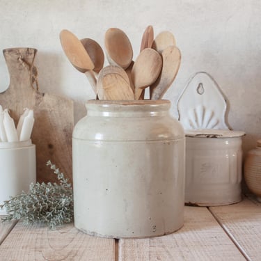 Tall Vintage French Beige Stoneware Mustard Jar 