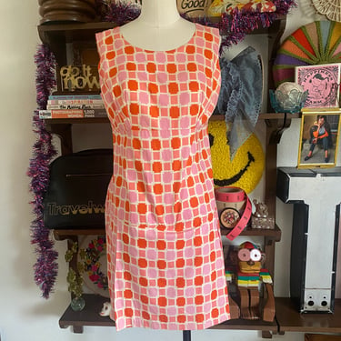 Vintage 50s Mod Tank Dress Romper Gingham in Pink, Red, and White; 60s Spring Pastel Tank Shift Dress with Dropwaist  Skirt L 