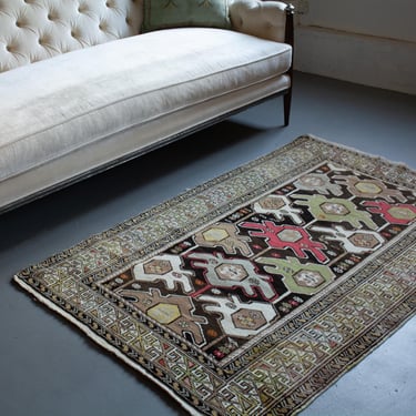 Vintage Caucasian 3’8” x 5’5” Geometric Green Brown Hand-Knotted Wool Pile Rug 1960s - FREE DOMESTIC SHIPPING 