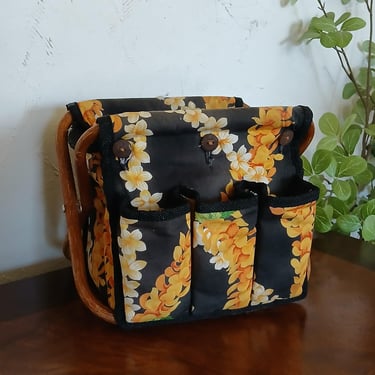 Vintage Folding Bamboo Retro Floral Fabric Caddy Small Sewing Basket 