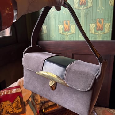 Vintage 1940s Gray Suede and Black Leather Box Purse Bag by O’Connor & Goldberg Chicago 