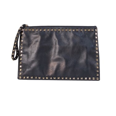 Valentino - Black Leather Gold Studded Trim Clutch Pouch