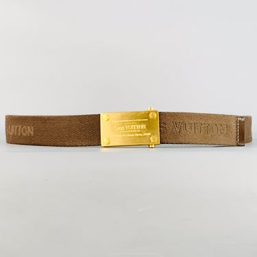 LOUIS VUITTON Size 40 Inventeur Brown Gold Logo Canvas Box Buckle Belt