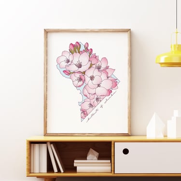 Art Print // Washington, DC Cherry Blossoms // 5x7, 8x10, or 11x14 DC Outline Map 