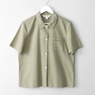 Vintage Sage Linen Shirt, 90s Boxy Button Up Blouse, M / L 