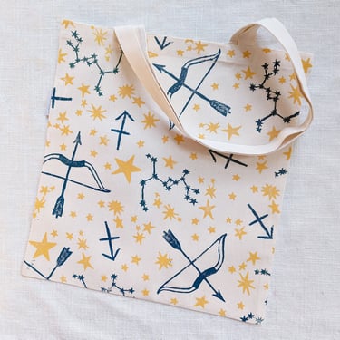 Sagittarius Tote Bag, 14.5x15.5in Block Printed Organic Cotton Shoulder Bag 