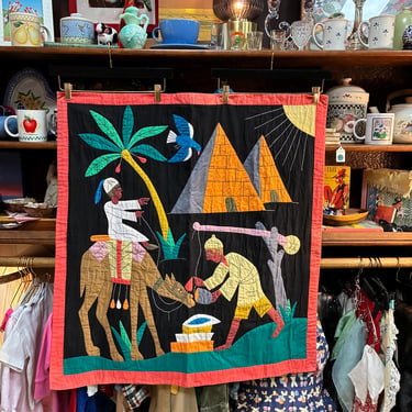 Vintage 1950s-1970s Egyptian Khayamiya Hand-sewn Appliqué Wall Hanging | Desert Scene, Pyramids, Palm Tree, Camel, Folklore, Cairo 