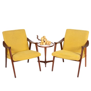 Norwegian Club Chairs w. Teak Frame + Yellow Upholstery — A Pair!