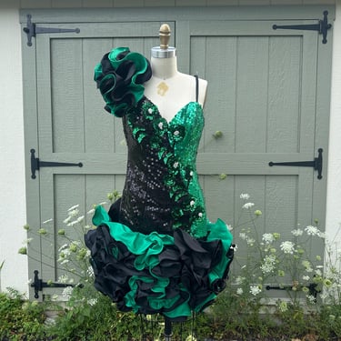 Vintage 1980s Black and Green Sequin and Satin Flamenco Style Dress Alyce Designs 