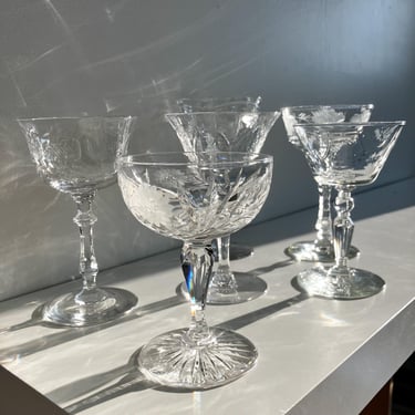 Vintage Crystal Coupe Glasses  / Mismatched Set of 6 / Mid-Century Champagne & Cocktail Stemware, Wedding Tableware 