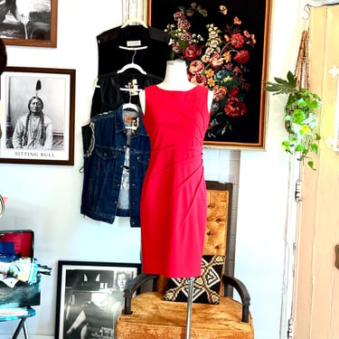 vintage calvin klein red shirred fitted dress 