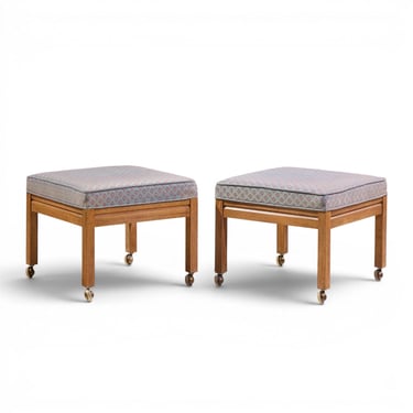 Founders Style Mid Century Oak Rolling Upholstered Stools - Pair - mcm 