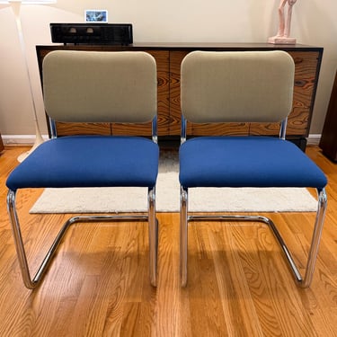 Pair of Authentic Knoll Cesca Chairs, Marcel Breuer Bauhaus Design, Blue Tan Fabric, Chrome Steel, Circa 2019 