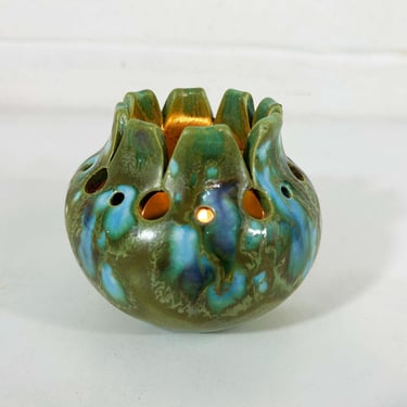 Vintage Votive Candle Holder Fairy Lamp Tea Light Mid-Century Monterey Jade Pottery Green Ceramic Iridescent Drip Glaze California USA 60s 