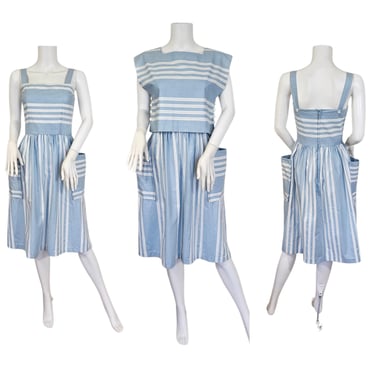 Lanz 1980s Blue White Striped Cotton Sun Dress I Sz Sm 