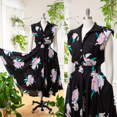 Vintage 1980s Shirt Dress | 80s KAREN ALEXANDER Iris Floral Print Black Cotton Button Down Shirtwaist Circle Skirt Day Dress | small/medium 
