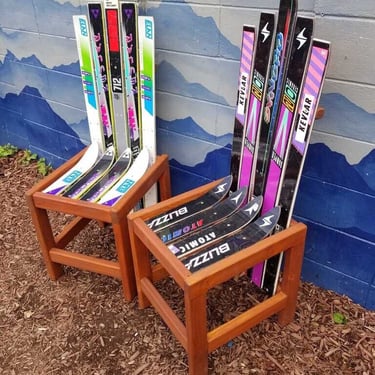 Patio Dining set of Two - Ski chairs, made of repurposed skis,  Request your favorite colors or ski brands, Ski Decor, Mountain Home Decor 
