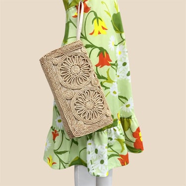 Vintage Straw Clutch Purse Retro 1970s Hand Made + Magid + Natural Rattan + Raffia Jute + Envelope + Warm Weather + Womens Accessories 