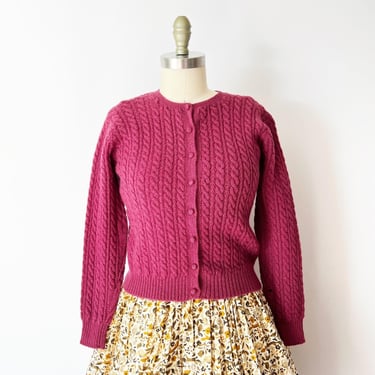 Mhairi Sweater • Size L • Deans of Scotland Cardigan Magenta Cable Knit Wool 